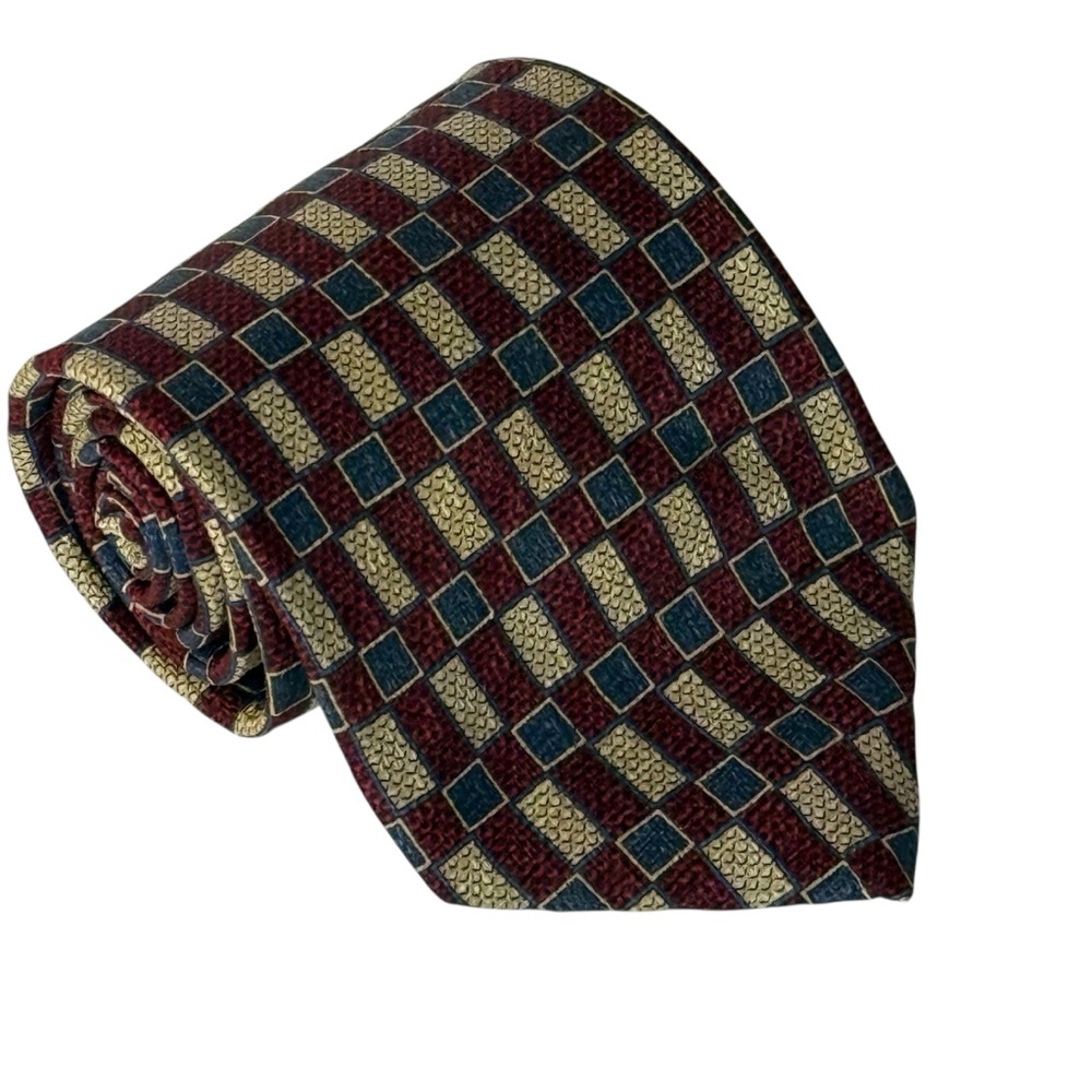 Kenneth Cole Men's 100% Silk Necktie with Red, Blue and Tan Geometric Pattern - Picture 1 of 5